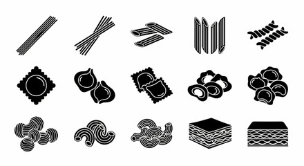 Various Pasta Types and Noodle Shapes Line Icon Set – Spaghetti, Penne, Fusilli, Ravioli, Tortellini, Macaroni, Lasagna Vector Illustration


