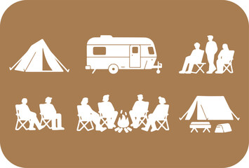 Silhouetted campers enjoy outdoor activities including setting up tents gathering around a campfire and relaxing with a caravan