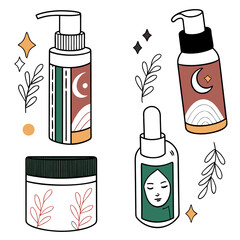 Aesthetic collection of minimalist skincare bottles and jars featuring abstract designs celestial motifs and botanical elements on a white background