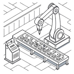 Isometric view of an automated robotic arm assembling components on a conveyor belt system setup line
