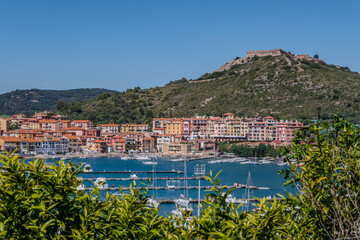 Porto d'Ercole (Grosseto), Italy, 04.05.2025: view of the city with the touristic port.