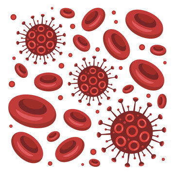 Microscopic View of Coronavirus and Red Blood Cells Scientific Illustration Showing Interaction and Health Implications with Detailed Viral Structure and Blood Components