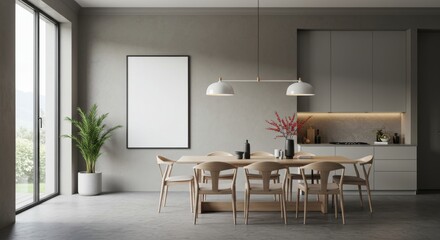 Fototapeta premium Modern Dining Room Interior with Blank Poster - Minimalist dining space, contemporary design, blank canvas for art, natural light, serene atmosphere.