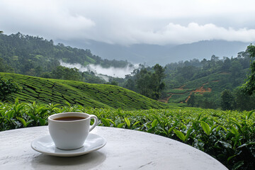 A black coffee cup and saucer on a table with a mountain landscape in the background