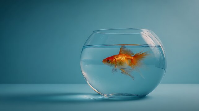 A single goldfish swims gracefully in a clear glass bowl on blue surface