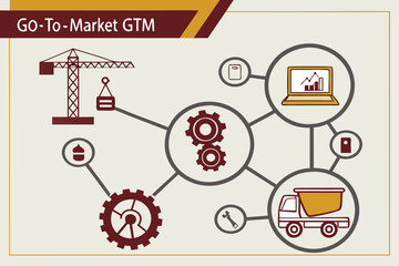 Illustration showing a crane, gears, laptop, truck, and other icons connected by lines in a network design
