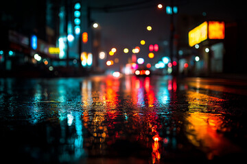 Rainy city street with reflections from colorful lights
