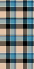 Elegant plaid textile pattern in muted blues, beige, and black.  Perfect for fashion, home decor, or website backgrounds.  Subtle yet stylish, this design evokes feelings of warmth and sophistication.