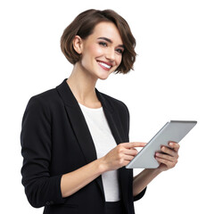 Smiling young woman in business attire holding and interacting with a tablet computer isolated on transparent background