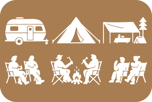Stylized illustration of a camping scene featuring a travel trailer tent and people enjoying outdoor activities around a campfire