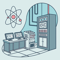 Illustration of a science lab interior with atom model, computers, and equipment in a clean design