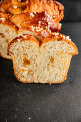 Brioche sweet baked dessert fluffy baked goods fresh delicious gourmet food background on the table rustic food top view copy space