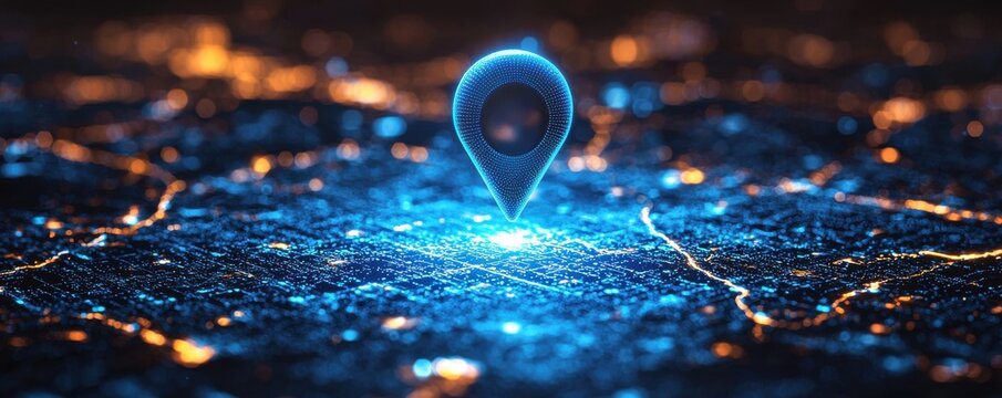 Geometric glowing map design featuring a location pin symbol at the center
