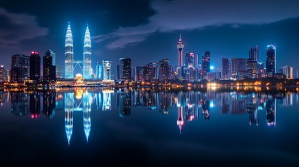 Kuala Lumpur Skyline at Night with Petronas Towers and Water Reflections View