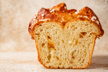 Brioche sweet baked dessert fluffy baked goods fresh delicious gourmet food background on the table rustic food top view copy space