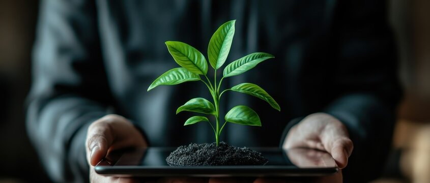 Businessman holding tablet with floating plant standard in modern office digital technology concept