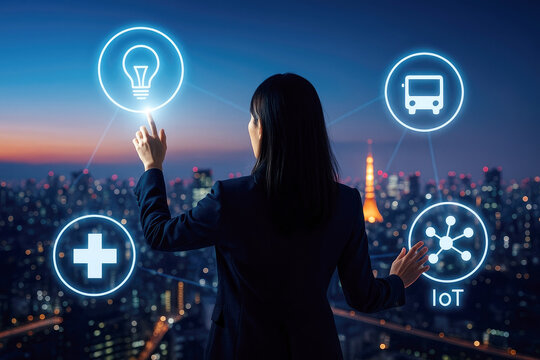 Woman interacts with futuristic smart city interface interacting - Powered by Adobe