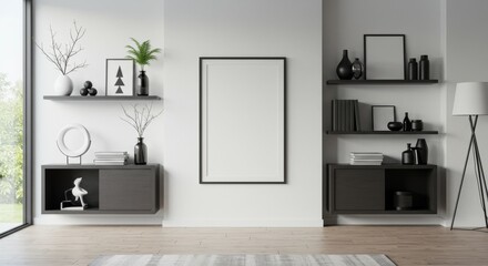 Modern Minimalist Home Decor - Stylish monochrome interior design featuring sleek furniture, empty frames, and minimalist decor. Perfect for blogs, magazines, and real estate listings
