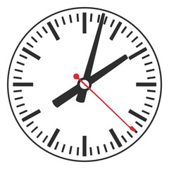 Simple clock with black hands and red second hand on white background  
