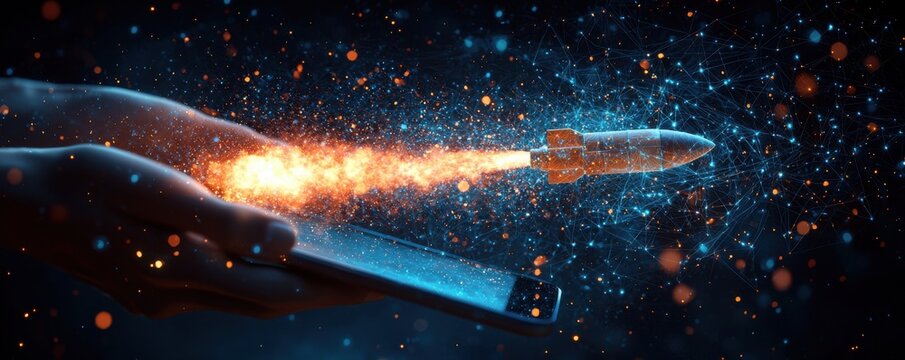 Low-poly wireframe illustration of a rocket launching from a smartphone
