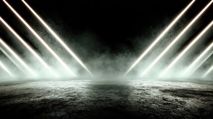 Empty space illuminated by diagonal light beams.