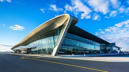 Naklejka premium Modern Airport Terminal with Glass Facade Under Blue Sky with Clouds View Building