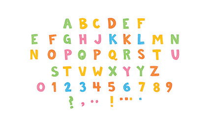 Colorful alphabet letters and numbers with punctuation marks symbols
