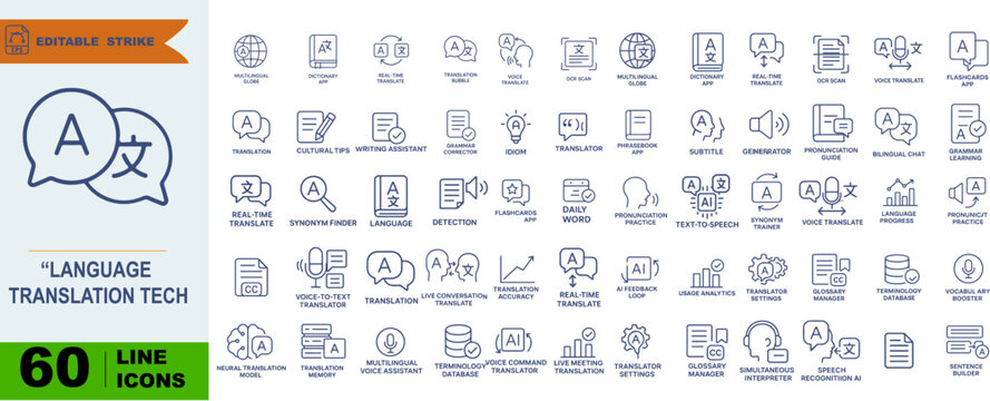Language Translation Tech Icon Pack &ndash; 60 Line Icons Featuring Speech Recognition, Bilingual UI Elements & Multilingual Communication Tools