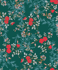 a floral pattern with red flowers on a green background