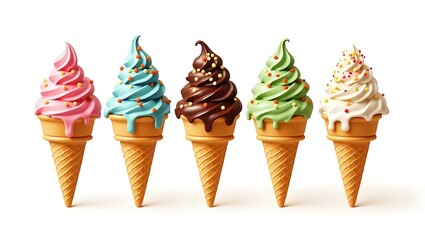 Colorful Ice Cream Cones with Toppings – Strawberry, Chocolate, Mint, and More on White Background
