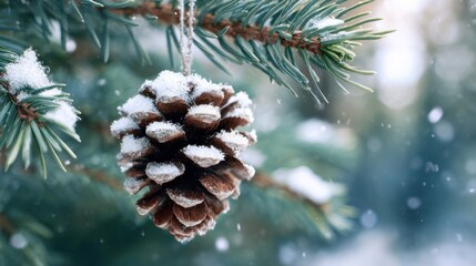 Snowy pine cone decor on a branch