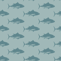 Vector seamless pattern with realistic tuna fish on the theme of sea animals, ocean life. Logo, menu, label for restaurant, cafe. Fish market Signboard. Print, fabric, textile. Wallpaper, t-shirt