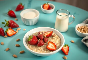 Warm oatmeal with strawberries & almonds, milk, on teal table,  food,   weight loss