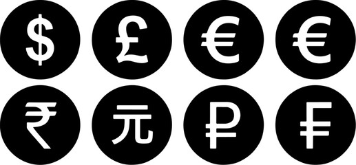 Obraz premium Vector art of eight currency symbols in white circular icons on black background
