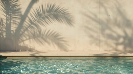 Palm tree shadows cast over a smooth beige wall near a pool. Clean, tropical atmosphere with soft lighting and a minimalist vacation aesthetic.