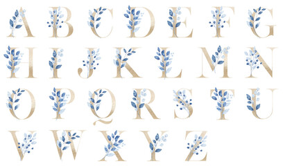 Letters set, gold floral alphabet with watercolor blue leaves. Monogram initials perfectly for wedding invitation, greeting card, logo, poster. Holiday decoration hand painting.