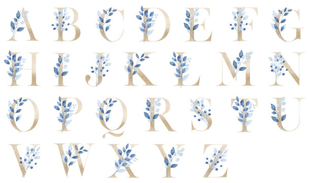 Letters set, gold floral alphabet with watercolor blue leaves. Monogram initials perfectly for wedding invitation, greeting card, logo, poster. Holiday decoration hand painting.