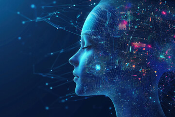 Human intelligence illuminates the global mind with a powerful blue light, a star-filled concept of technology and imagination