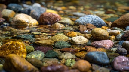 Colorful river rocks in shallow water