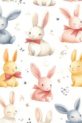 Fototapeta premium Seamless pattern of colorful pastel bunnies with bows on a white background