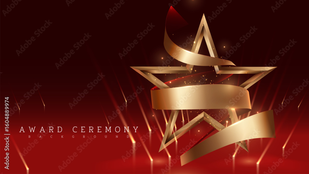 Wall mural elegant 3d gold star display stand with sparkling decoration and bright red spotlights. ideal for aw