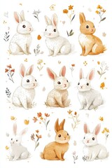 Obraz premium Collection of adorable bunny illustrations with floral decorations and neutral tones