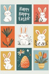 Fototapeta premium Colorful retro-style Easter cards with bunnies, eggs, and spring decorations