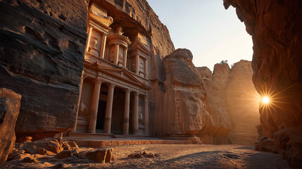 Ancient temple carved into a canyon glowing at golden hour