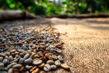 Coffee beans drying on burlap