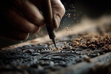 Close-up of hand carving intricate design into dark wood