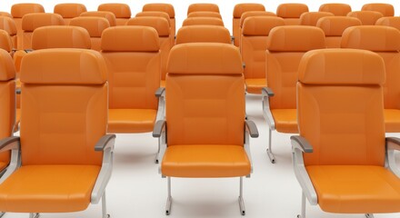 Modern Orange Airplane Seats 3D Render - Clean, modern design, orange leather seats, air travel, comfortable seating, flight journey