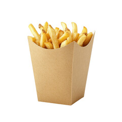 Crispy golden fries served in a brown paper container, ready to be enjoyed at a casual dining spot