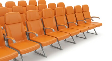 Modern Orange Airplane Seats Row - A 3D of a row of modern orange airplane seats, symbolizing travel, comfort, design, aviation, and seating