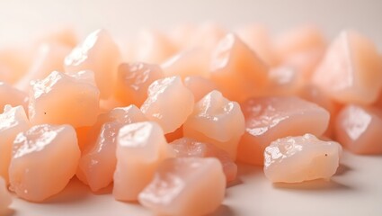 Close-up of pale peach translucent gemstone fragments, softly lit, luxurious texture.